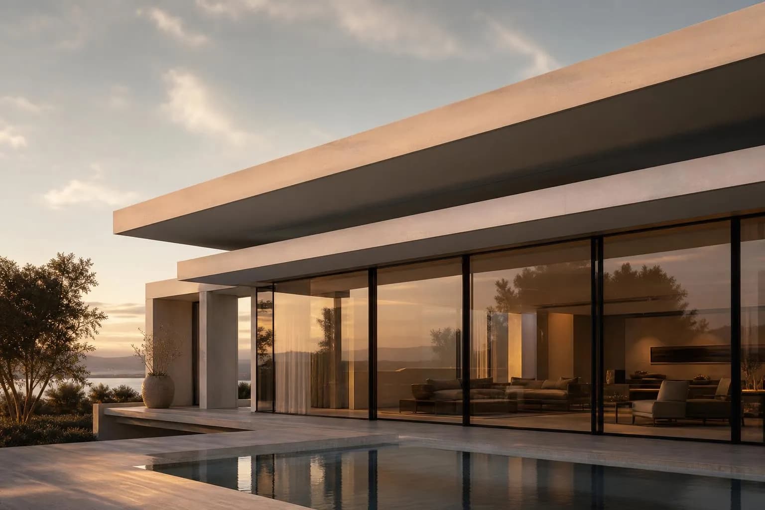 Modernist villa facade with clean geometric lines, illuminated by warm golden sunlight