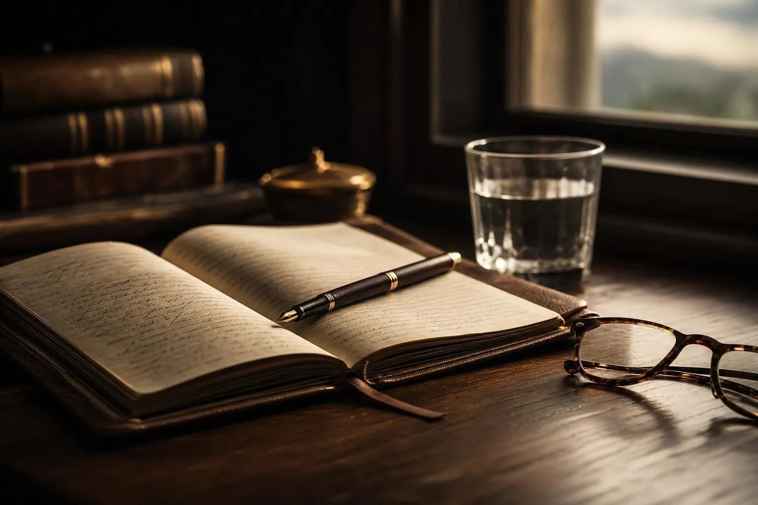 Intimate still life: journal, pen, glasses on wooden desk with soft window light.