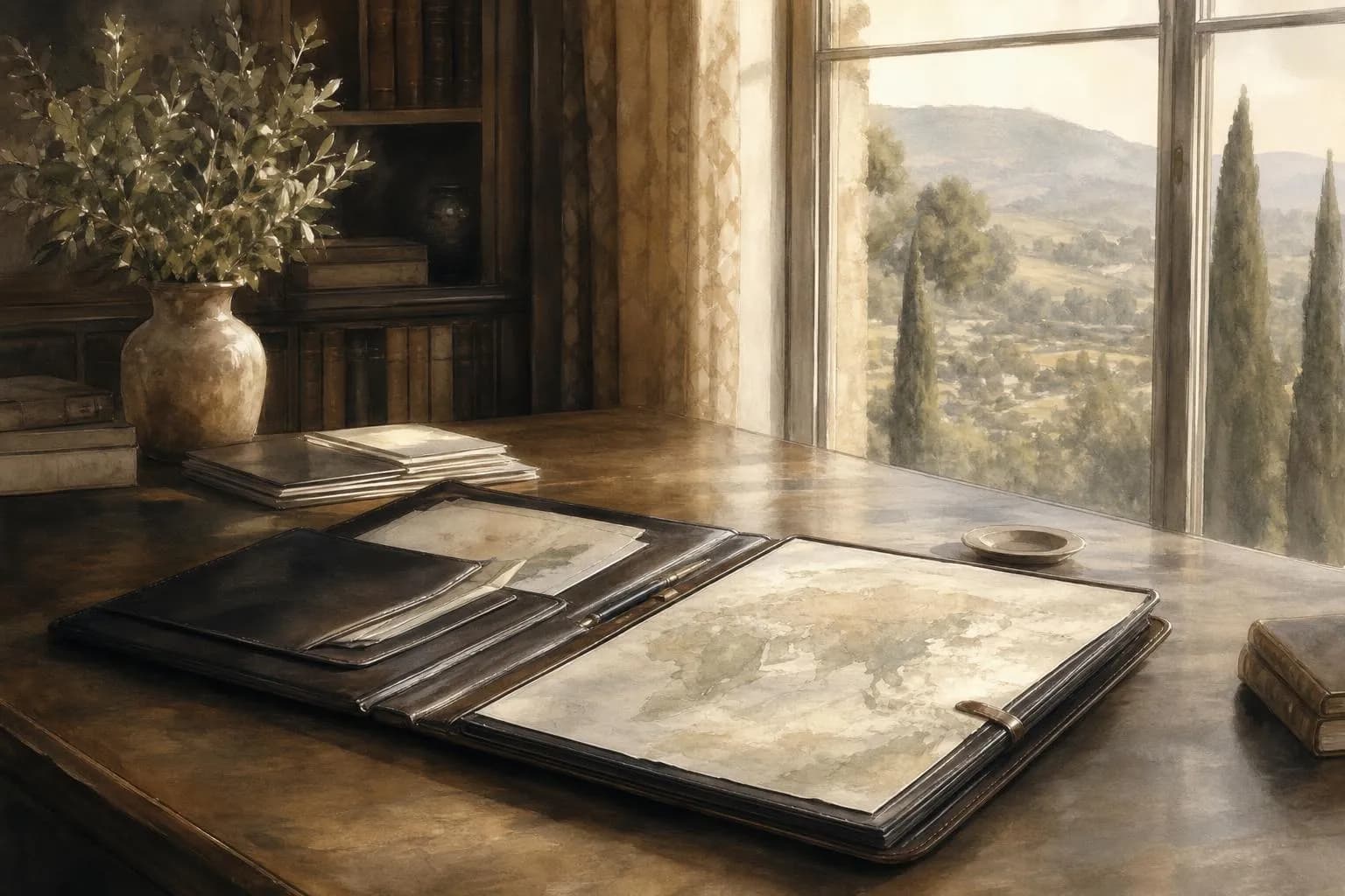 Soft impressionistic study with documents on a desk, window overlooking distant landscape in muted tones