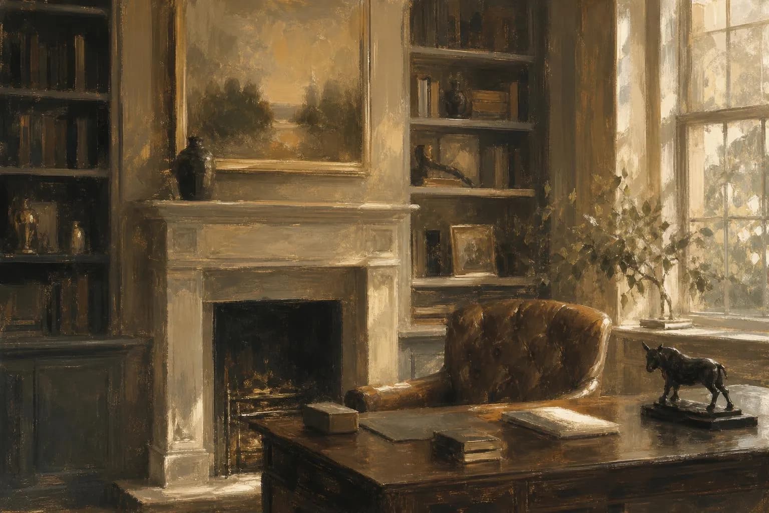 Soft impressionistic interior with warm light, suggesting stability and quiet wealth.