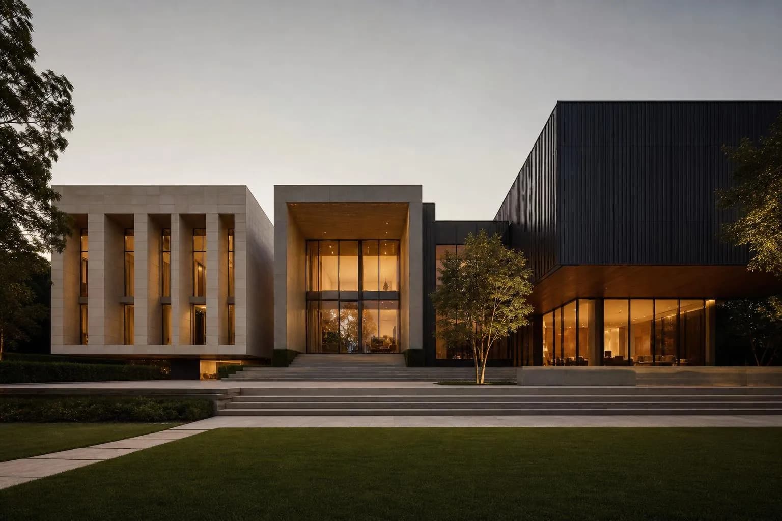 Three distinct modernist architectural sections with different proportions and geometry unified in one facade.