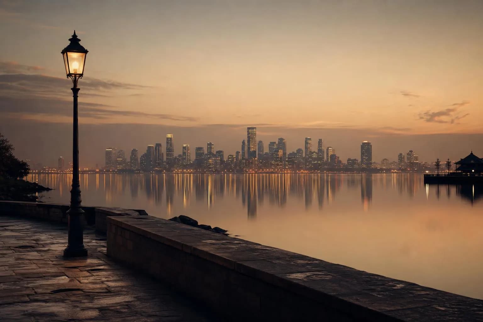 Distant city skyline at dusk reflected in calm water, soft golden light over quiet harbor