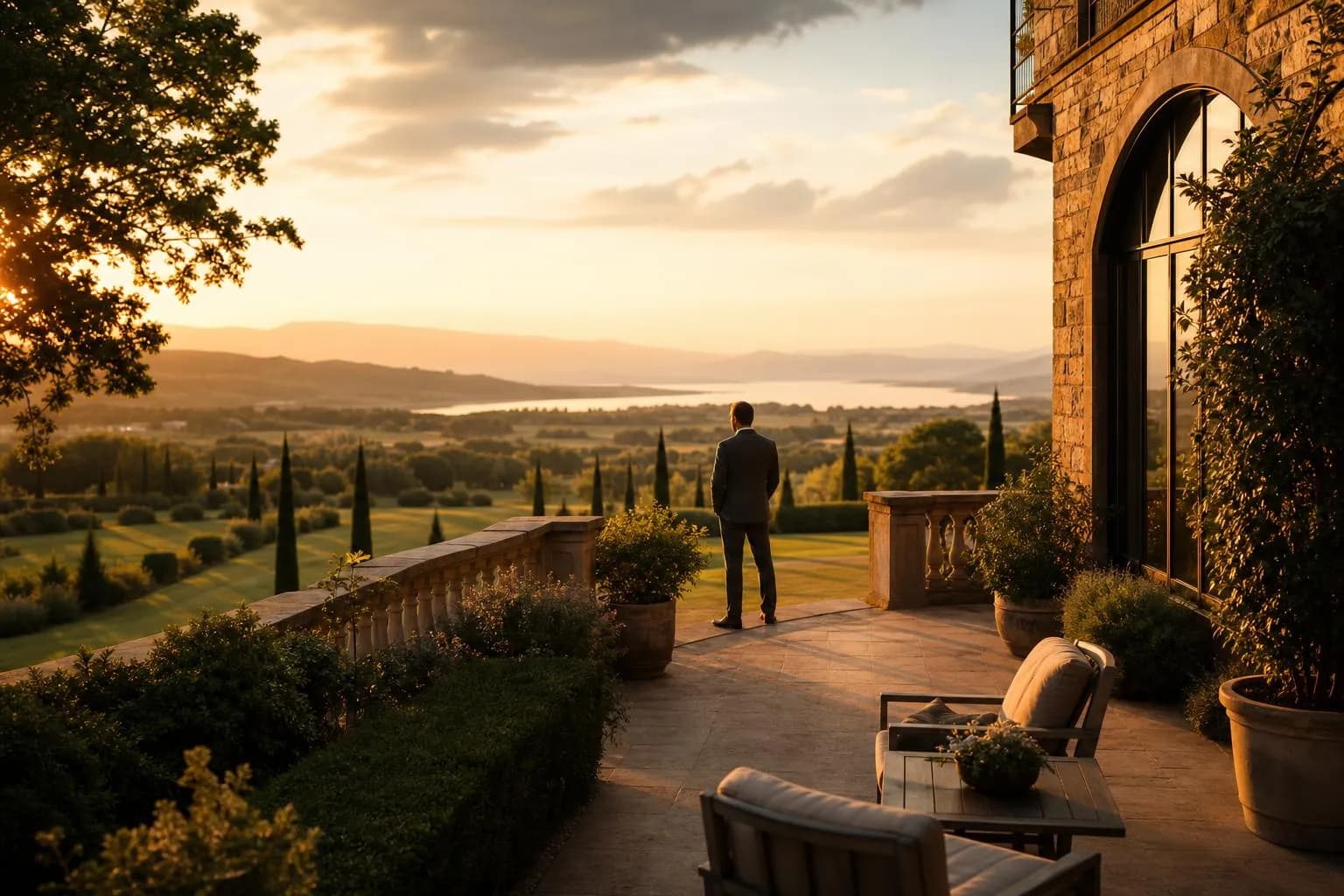 A solitary figure on a terrace overlooking vast golden-hour landscape at dusk.