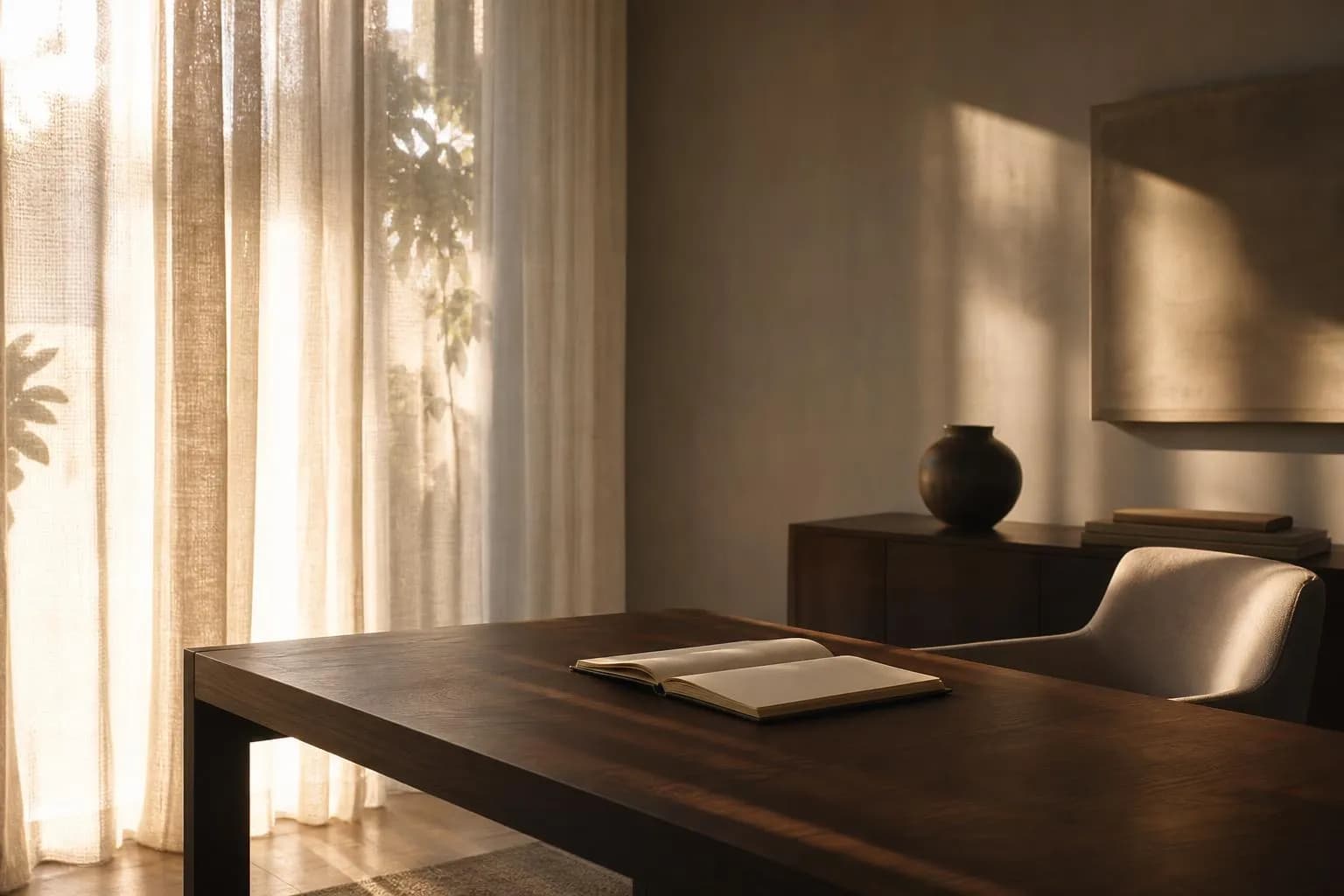 Soft sunlight through sheer curtains illuminating a simple desk and notebook in a minimal room