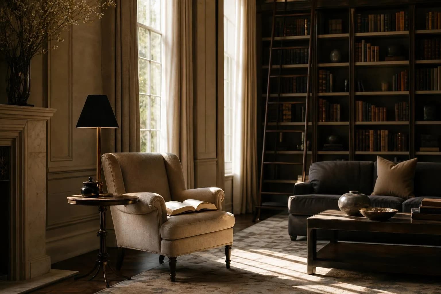 A tranquil private library with afternoon light, open book, and inviting seating.