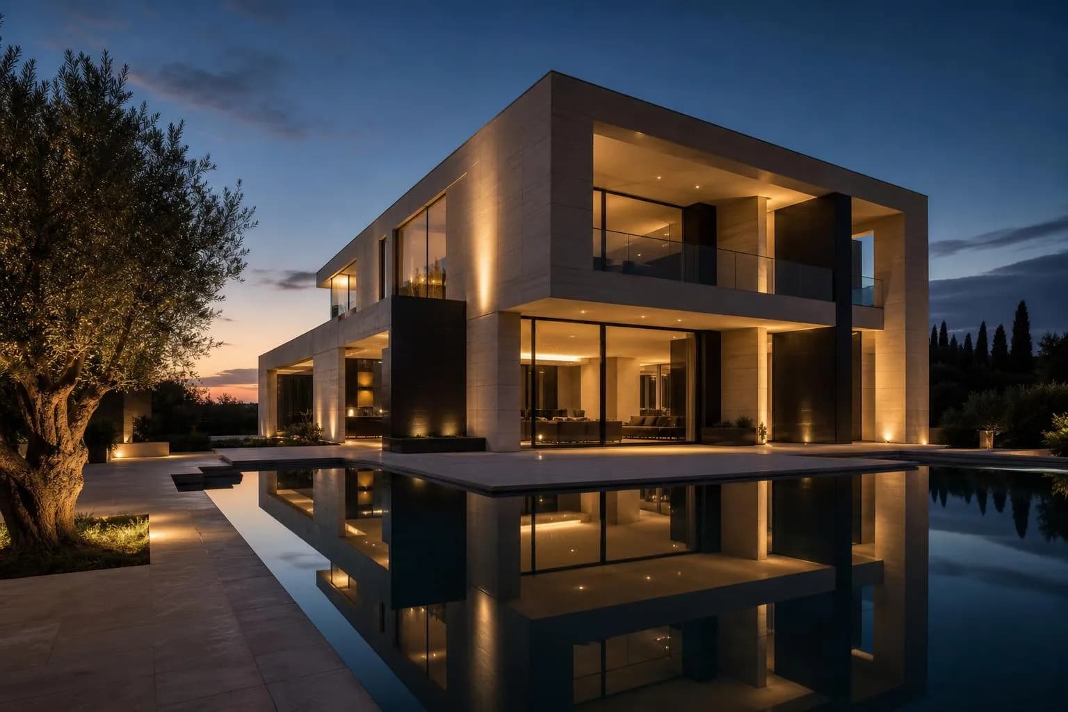 Modernist villa facade with geometric lines reflected in still water at dusk