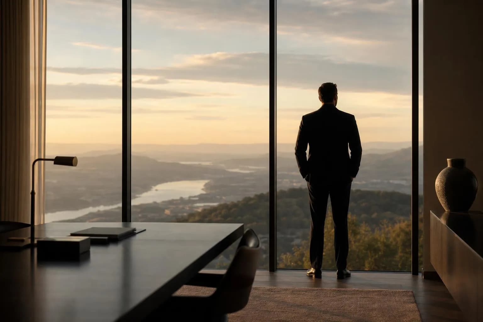 Silhouetted figure standing at window, contemplating landscape at dusk
