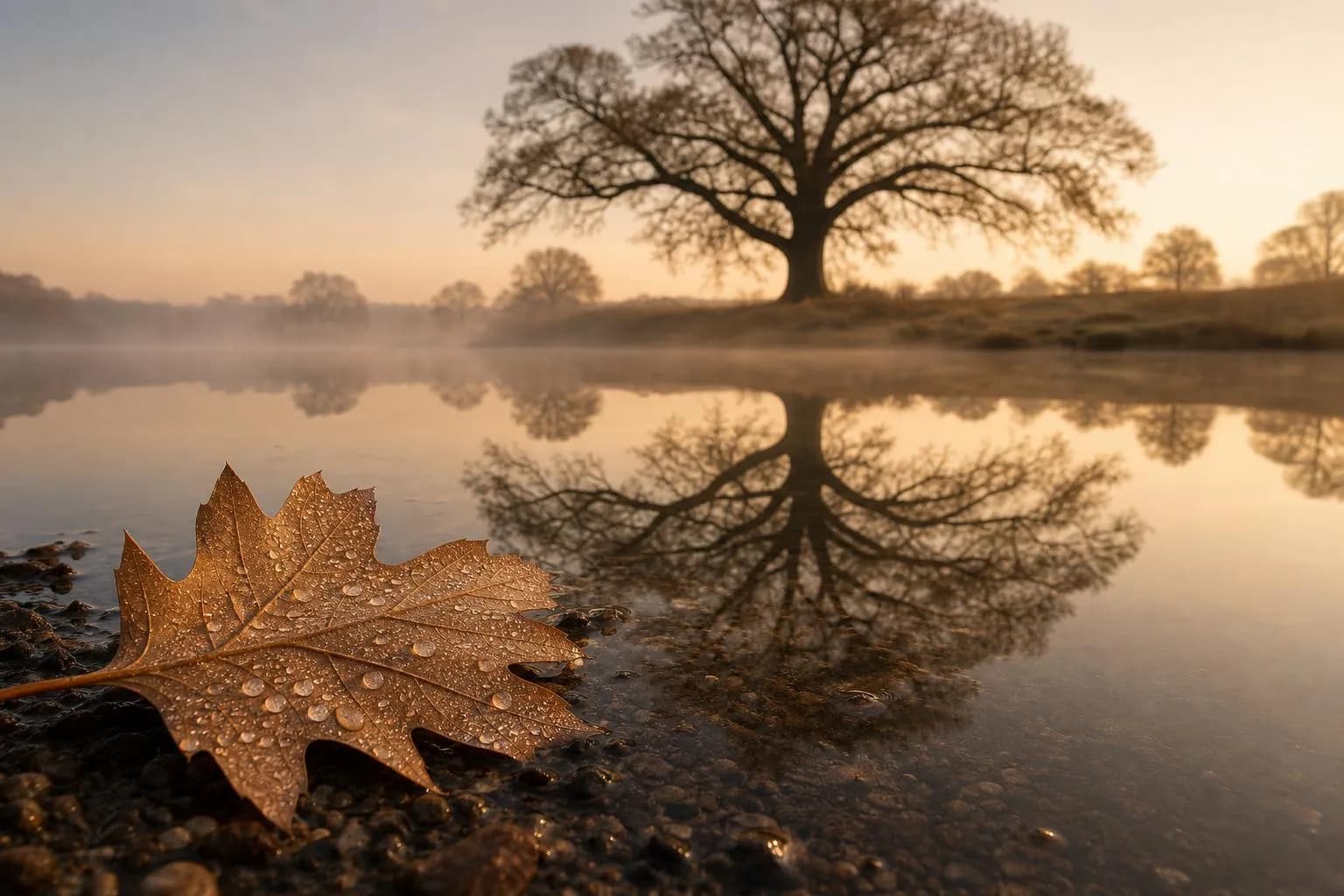 A dew-covered leaf at the edge of still water, reflecting an ancient tree in pale dawn light.