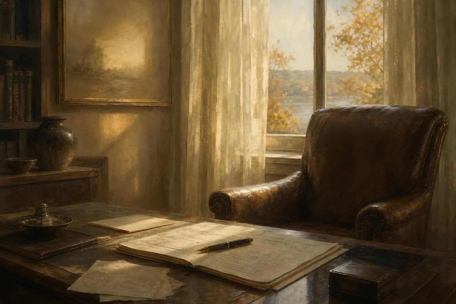A quiet study bathed in soft afternoon light, papers and pen on leather furniture, rendered in muted, painterly tones.