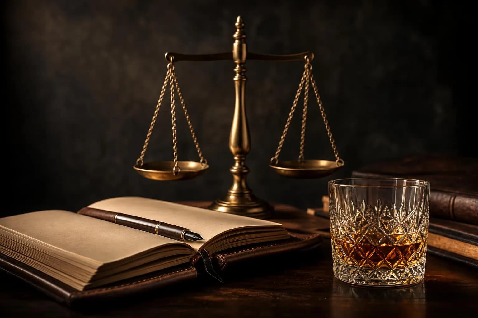 Balance scale, ledger, and glass arranged on dark wood surface in warm sidelighting