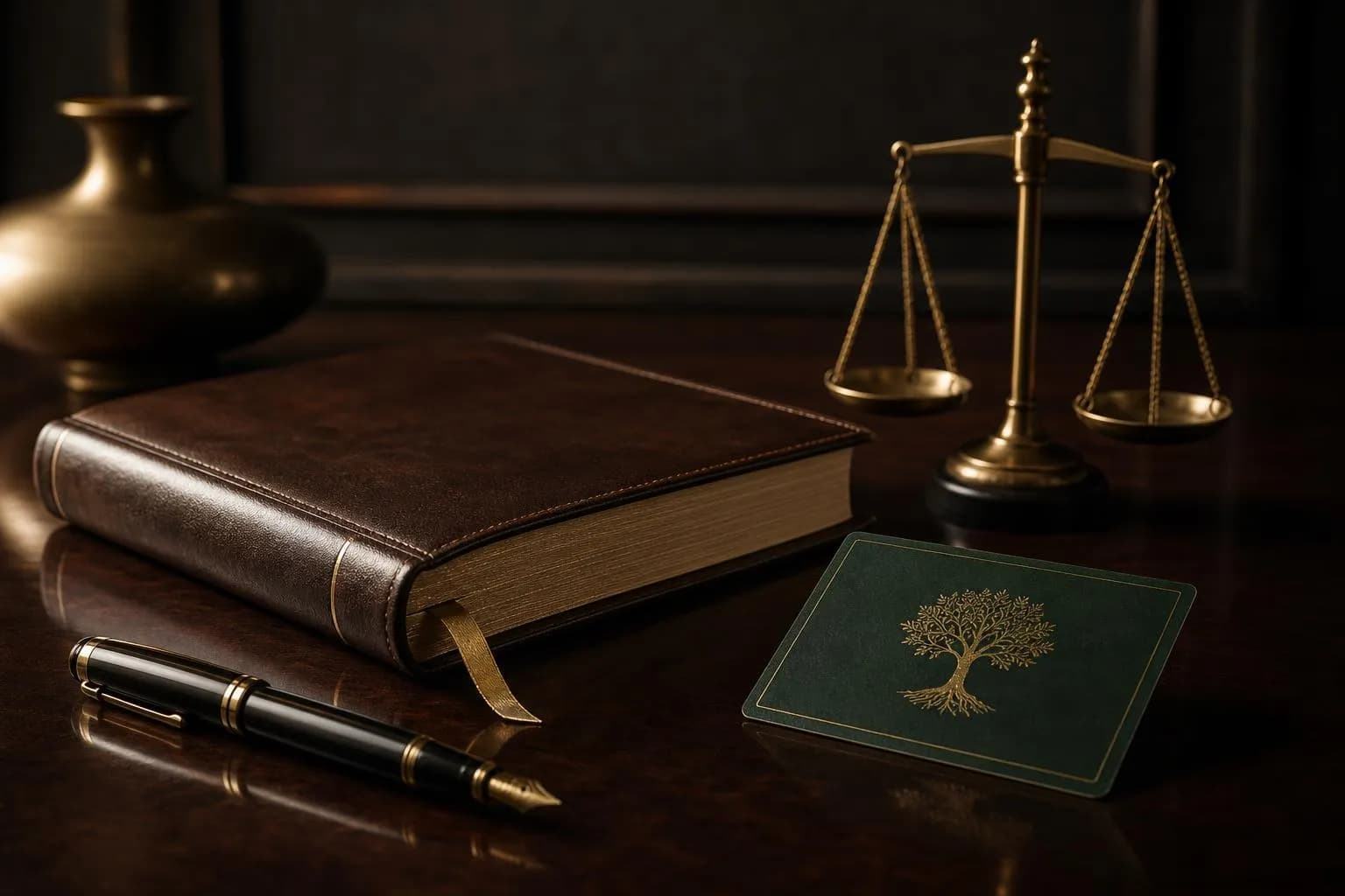 Still life: green card, estate document, pen, and brass scale arranged on a desk with directional lighting.