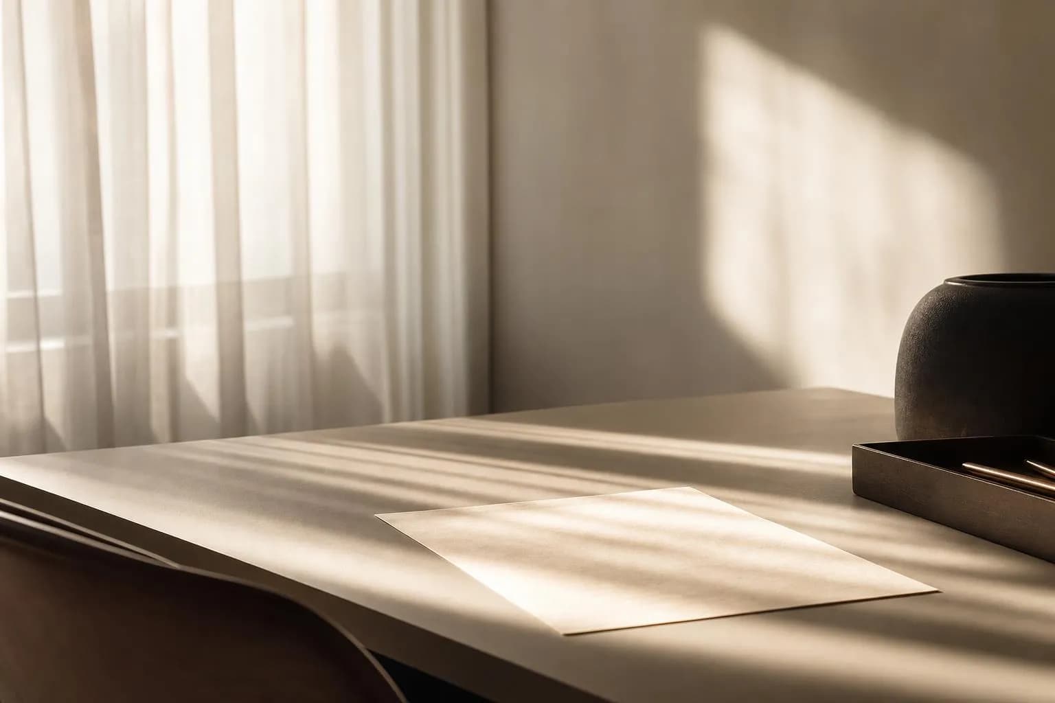 Soft sunlight through curtains casting shadows on a minimalist desk surface with paper