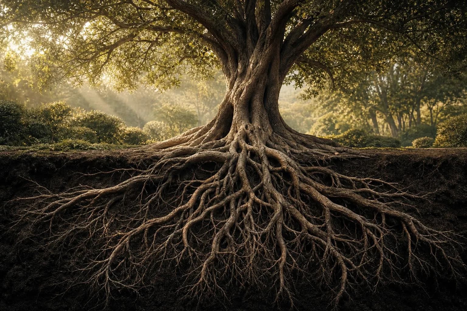 Ancient tree roots emerging from earth, morning light through canopy, symbolizing deep foundation and generational growth.