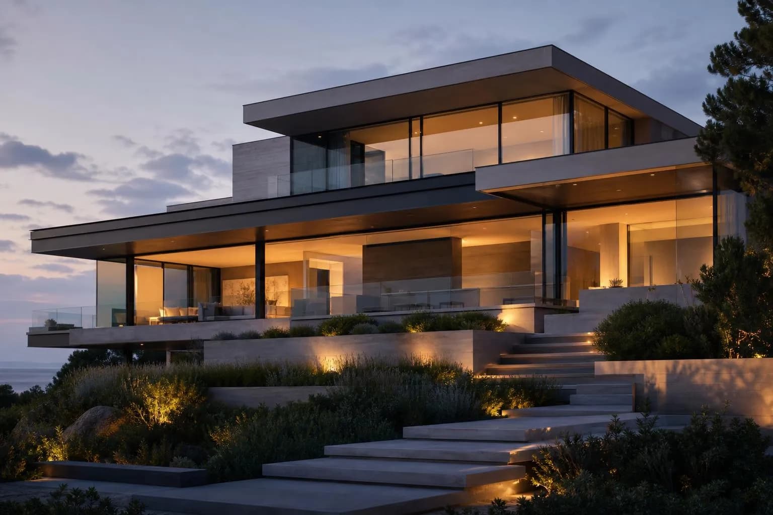 Modernist villa facade with clean lines and layered geometry, lit from within at dusk