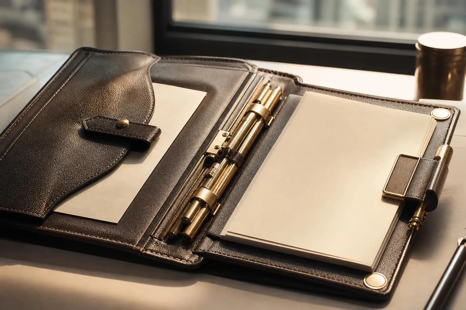 Close-up of luxury leather desk organizer with brass details and cream pages in warm office light.