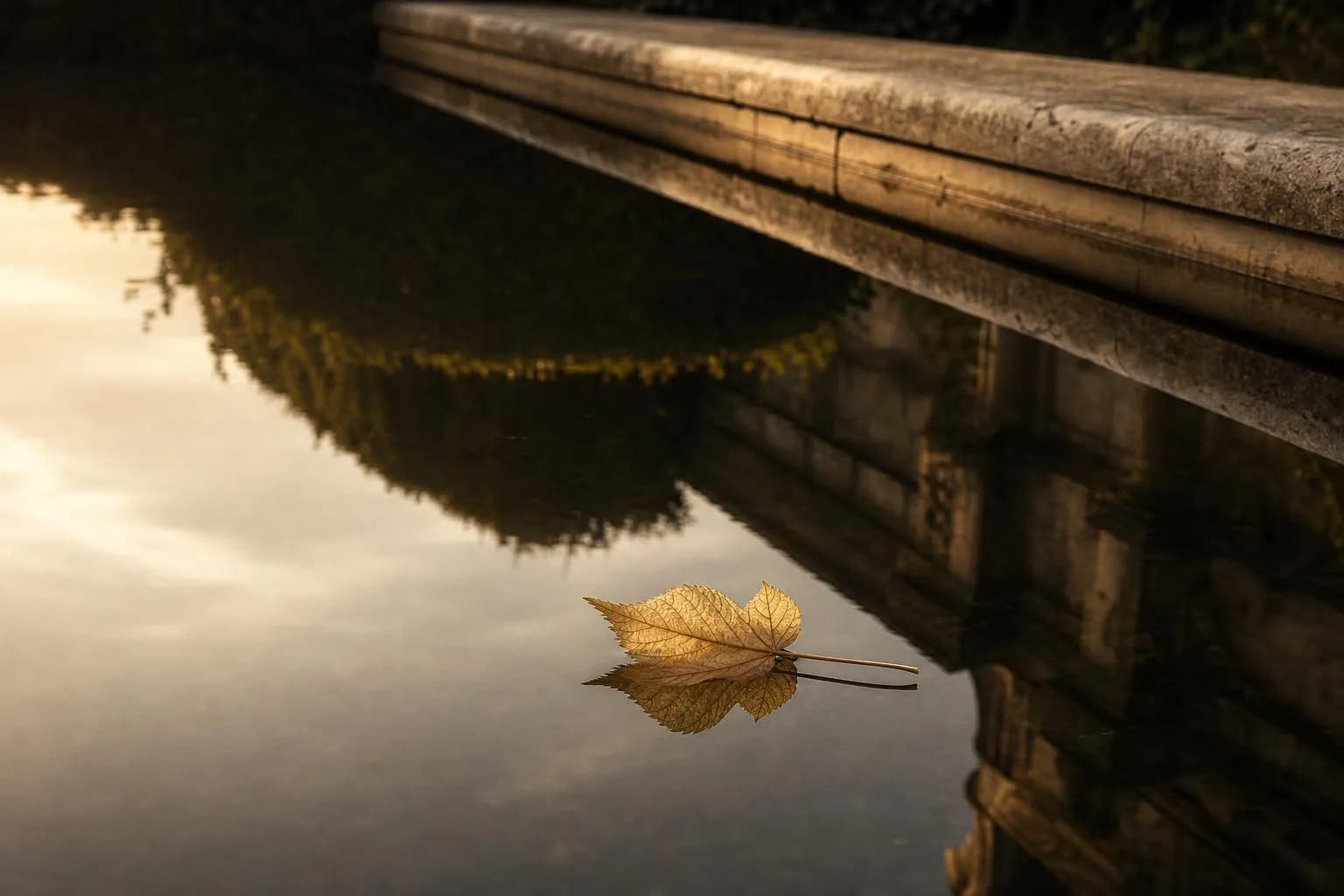 Still water in a formal garden, reflecting dappled light and a single leaf, symbolizing clarity and measured growth.