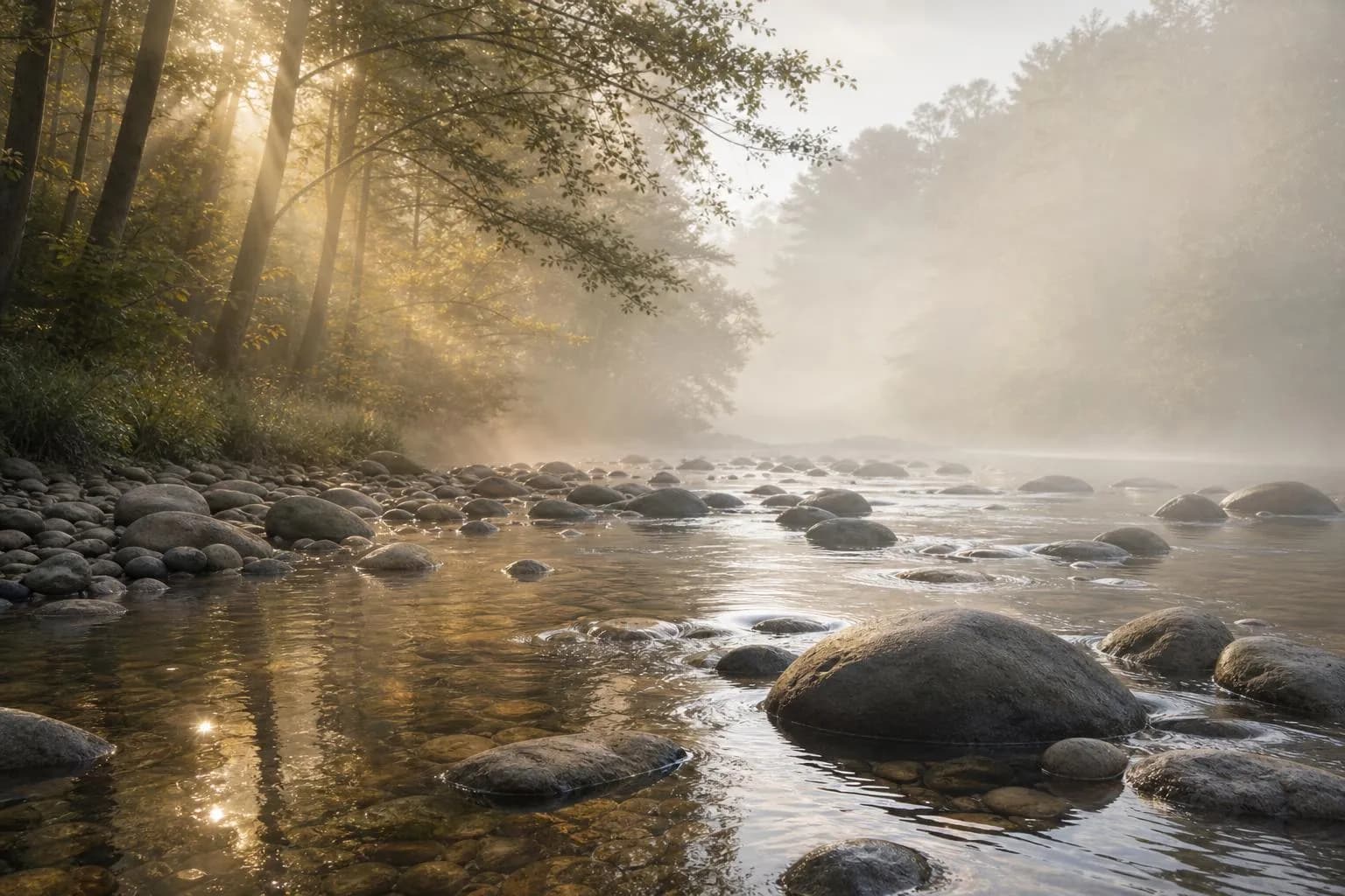 Stream flowing over stones in misty forest light, symbolizing distinct parallel paths