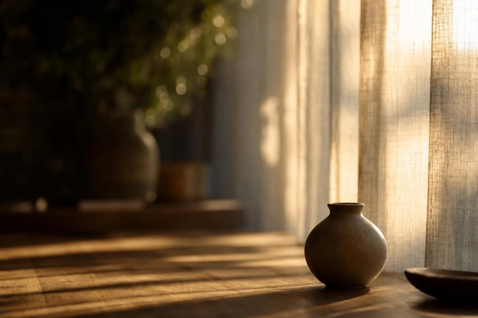 Soft sunlight filtering through sheer curtains, creating gentle shadows and highlights on a minimal surface.