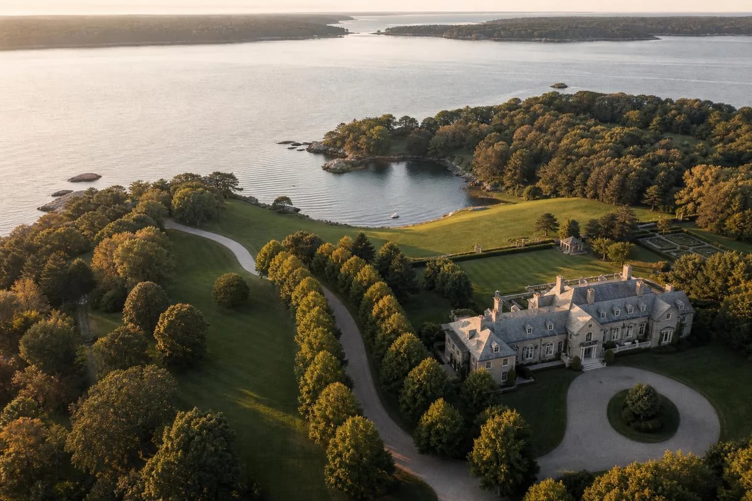 Overhead view of a private waterfront estate and manicured grounds at sunset.