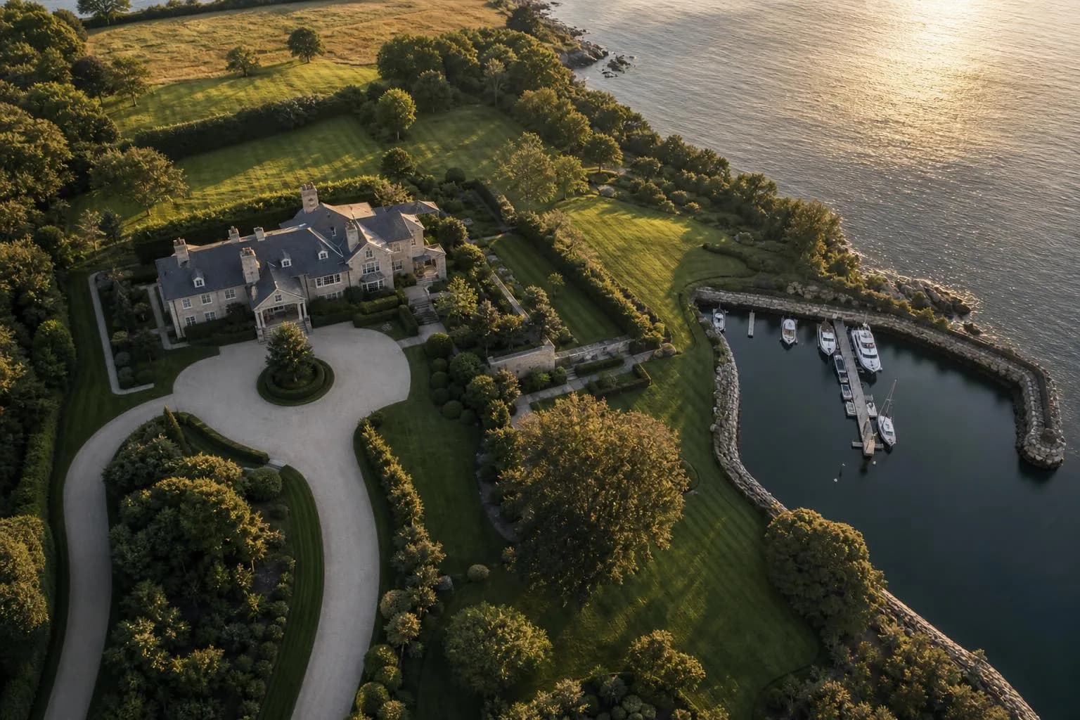 Overhead view of a private coastal estate with manicured grounds, winding drive, and moored boats in calm waters at dusk.
