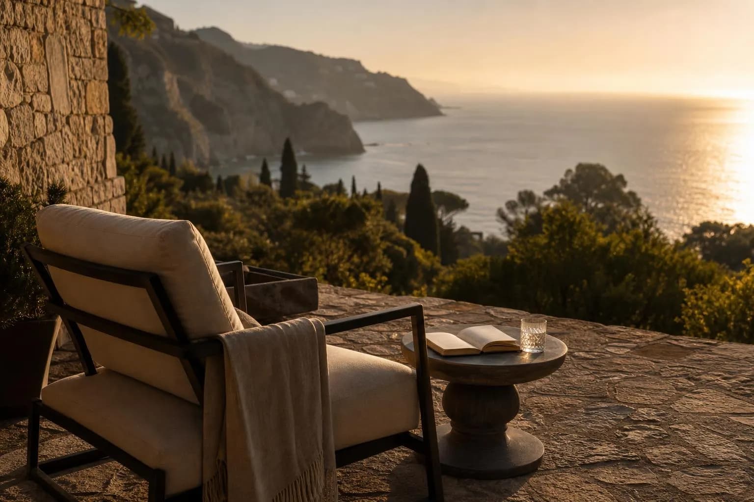 Mediterranean terrace at sunset with lounge chair facing the sea, embodying sustained luxury and leisure.