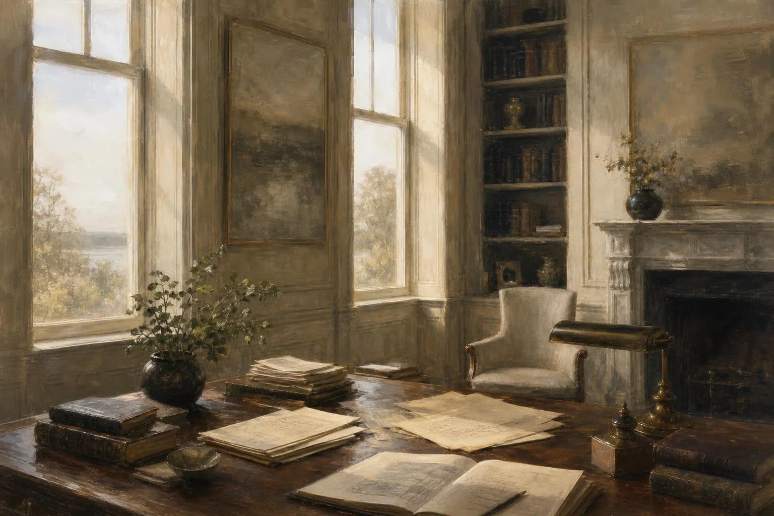 Soft, impressionistic study of a quiet library interior with morning light and scattered papers on a desk.