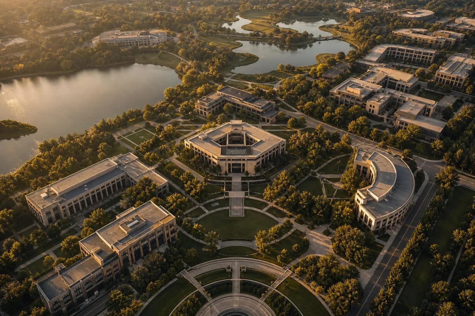 Aerial view of organized corporate campus with interconnected buildings and manicured grounds at sunset.