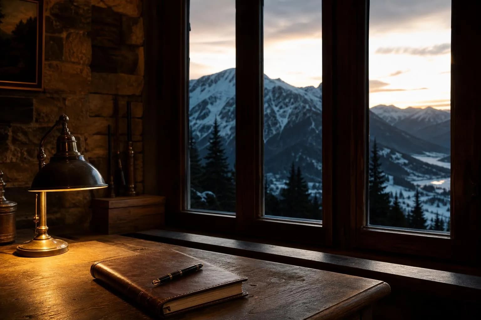 Quiet study in a mountain lodge with journal and pen at a wooden desk, alpine peaks visible through the window at dusk.