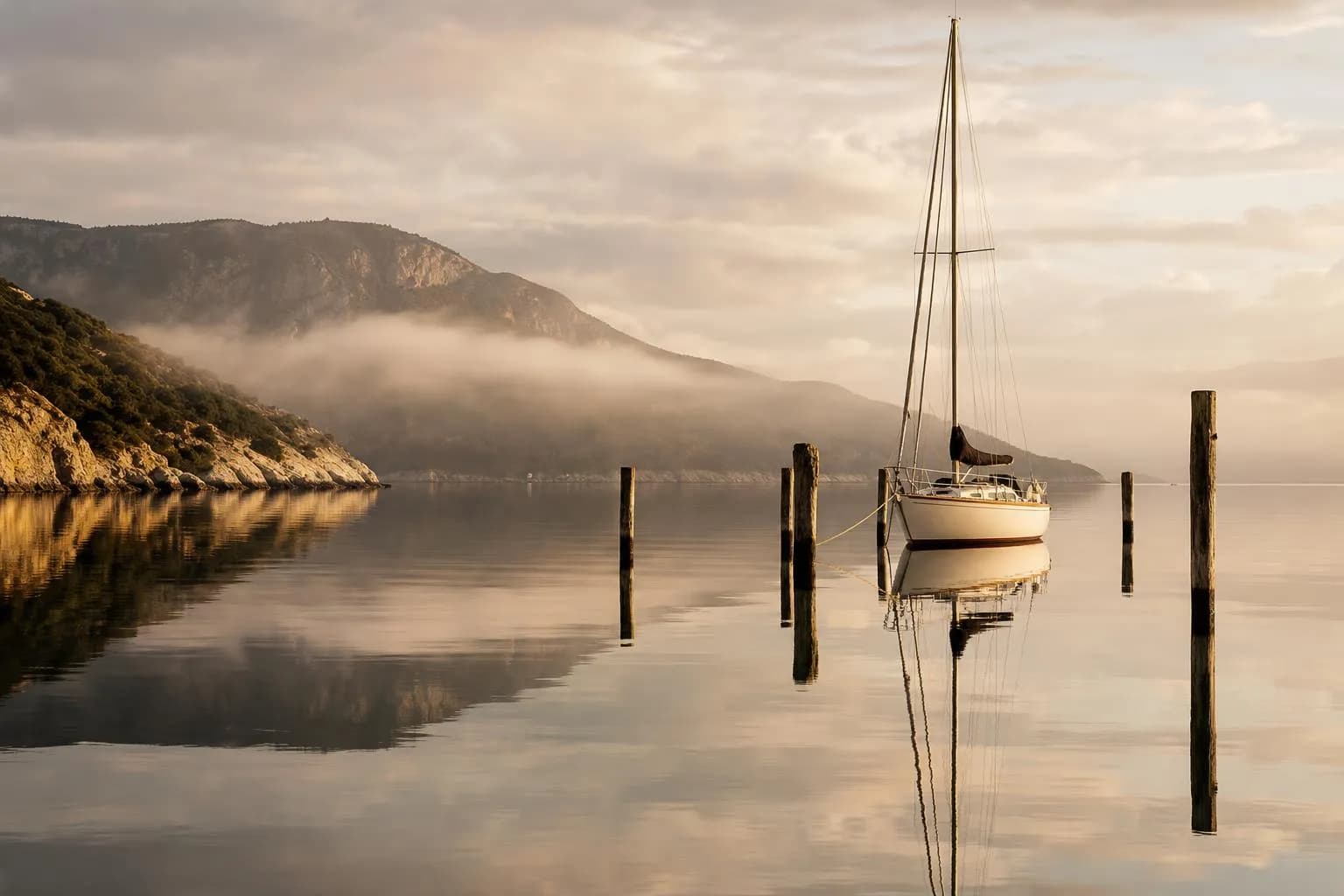 Still coastal waters at dawn with moored sailboat and distant cliffs