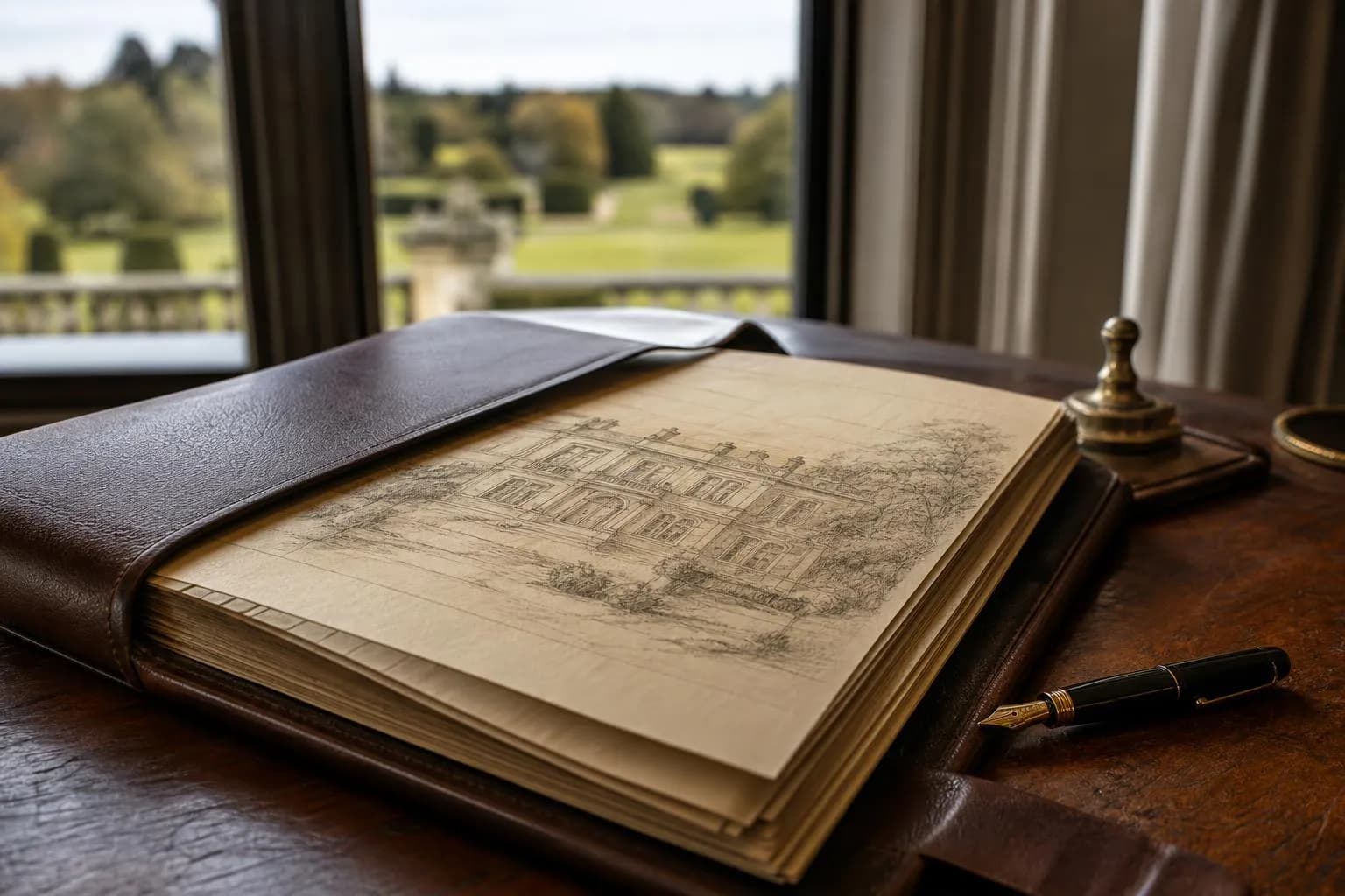 Close-up of a property deed on a desk with a fountain pen, soft natural light.