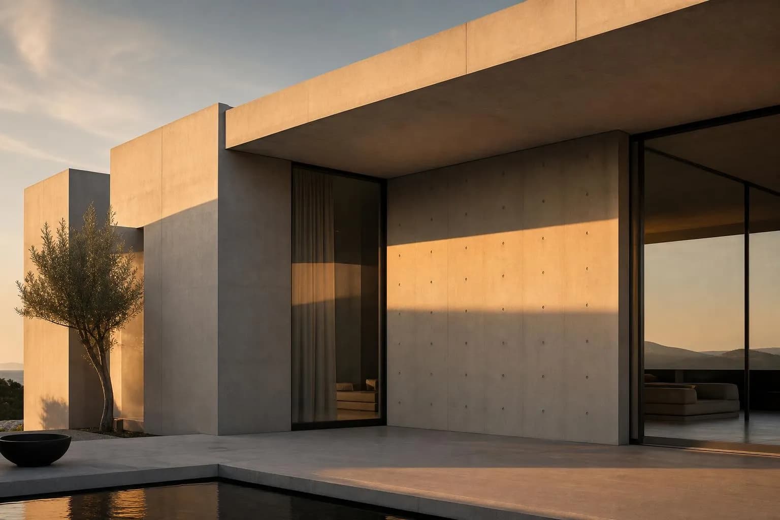 Modernist villa with sharp geometric lines and cool light, emphasizing precise angles and form.