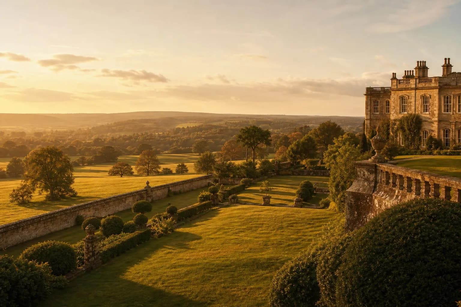 Rolling countryside at sunset, private estate grounds with distant treeline and stone boundary wall.