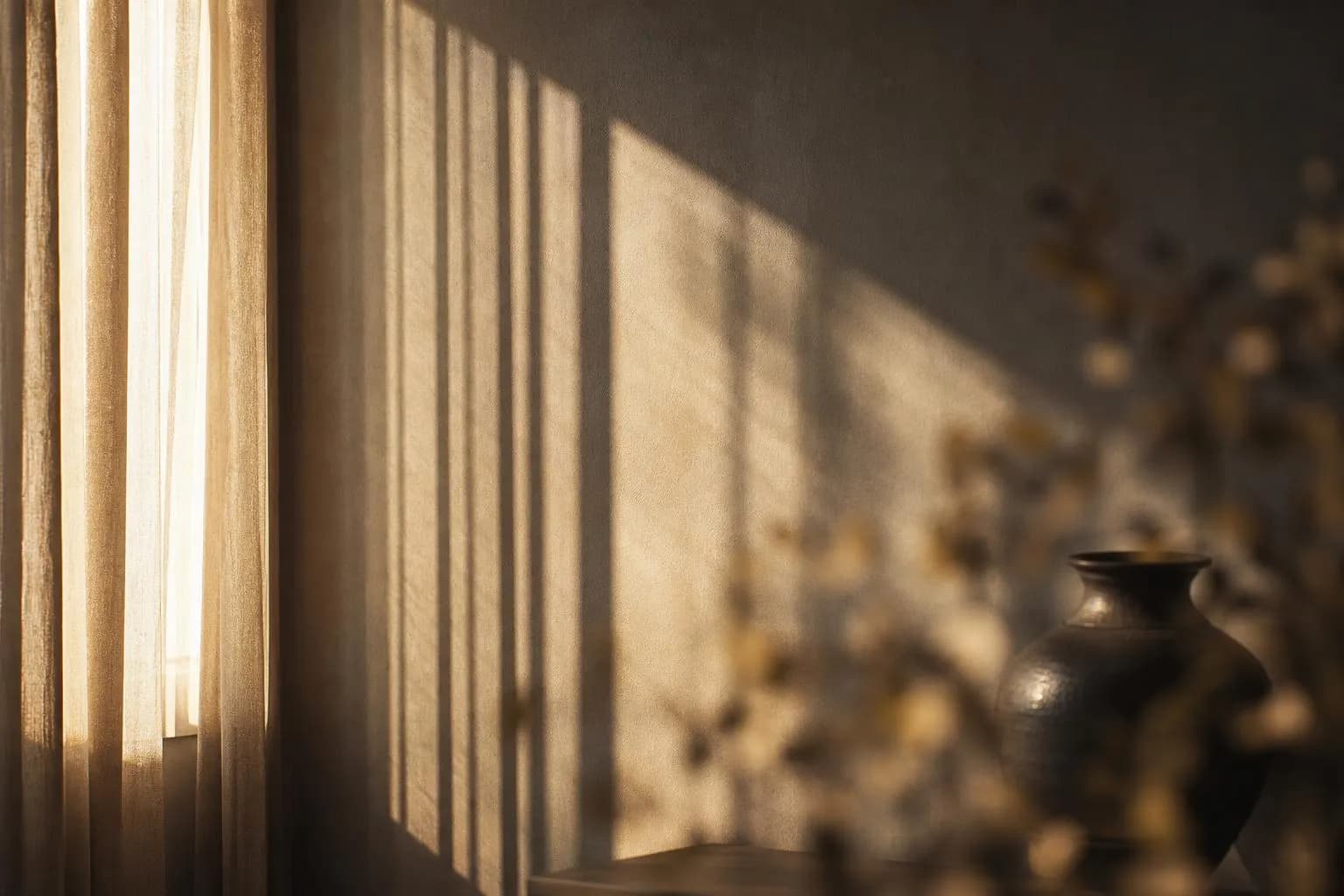 Soft sunlight through sheer curtains casting gentle shadows on a plain wall
