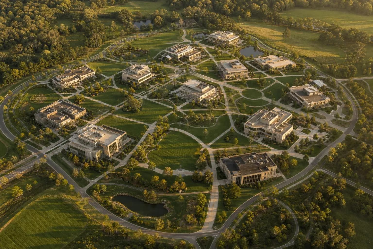 Aerial view of an innovation campus with connected buildings, green space, and converging pathways at golden hour.
