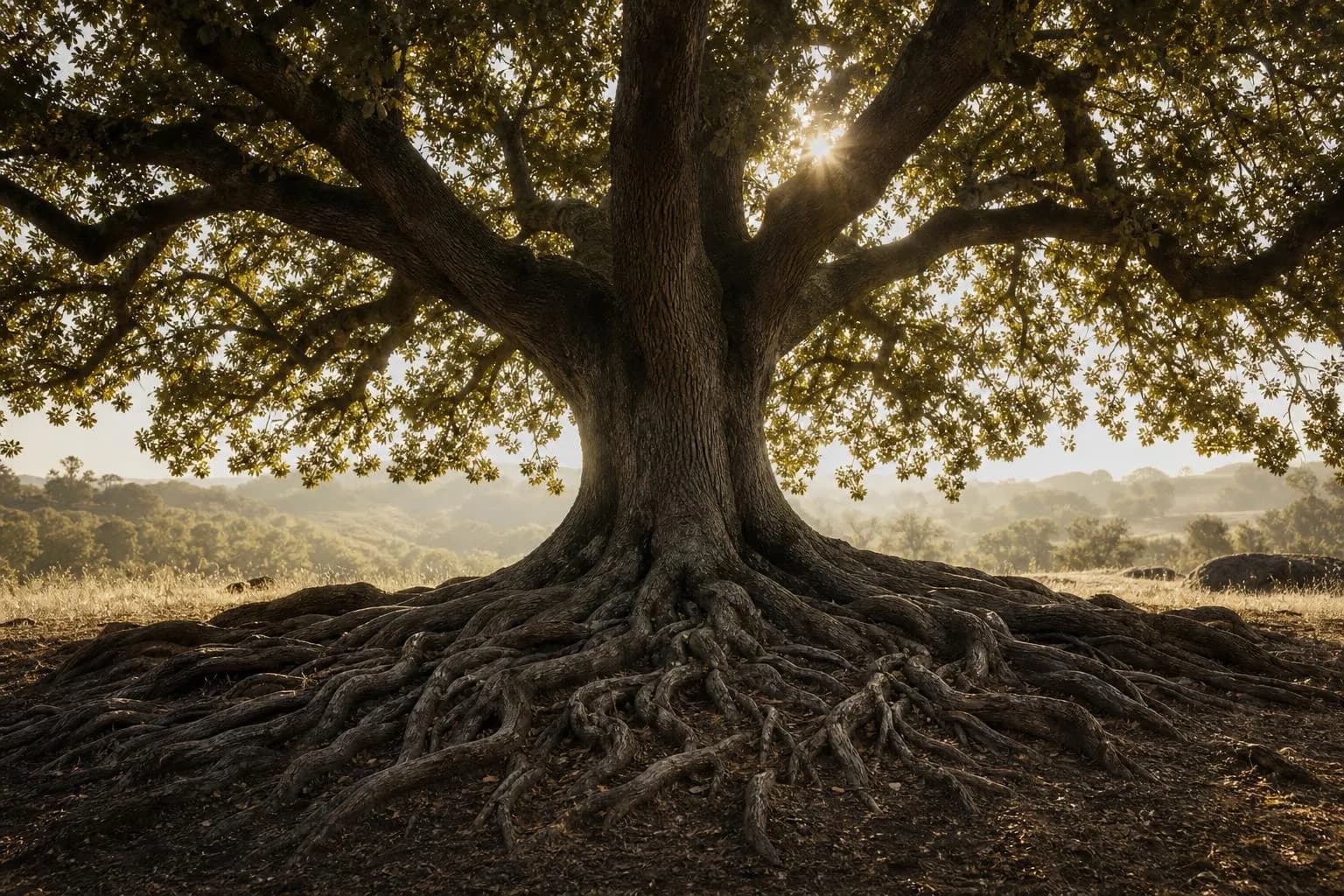 Ancient oak tree with exposed roots and spreading branches in soft morning light
