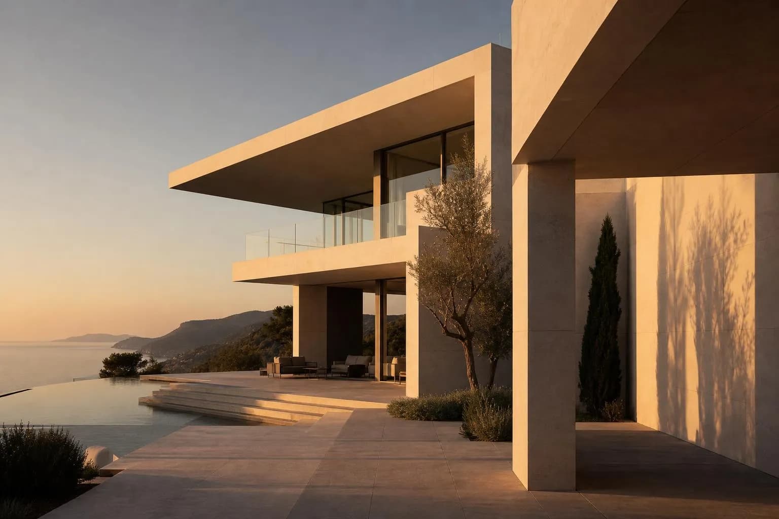 Modernist white villa with geometric facades and sharp shadows in soft golden light
