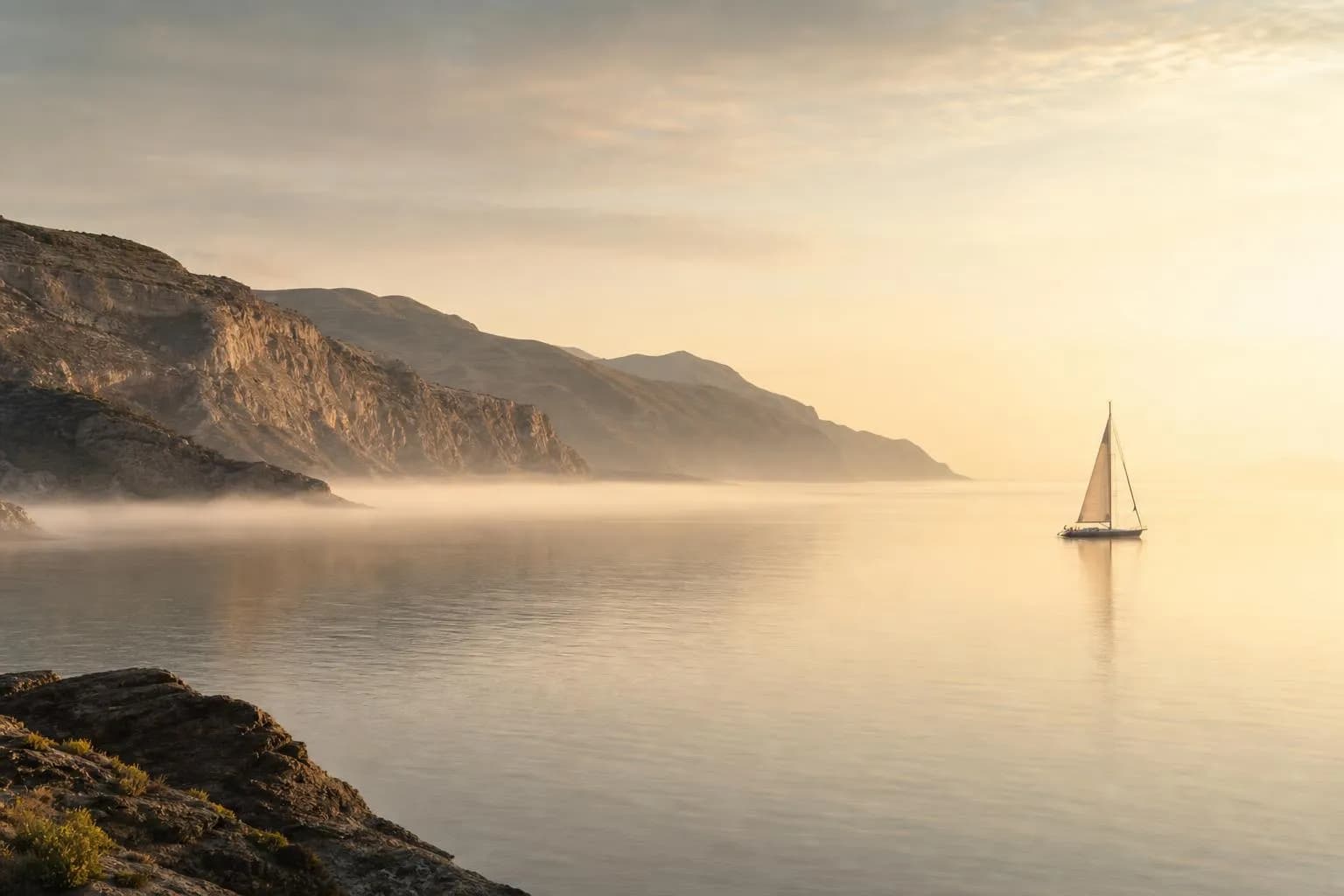 Serene dawn seascape with anchored sailboat and misty cliffs reflecting in still water.