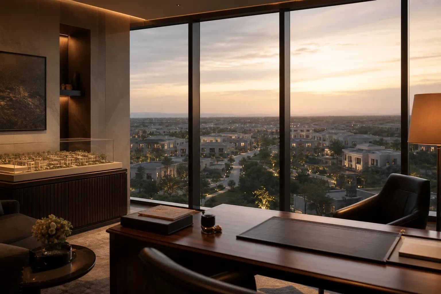 Upscale boardroom overlooking a master-planned residential community at dusk, symbolizing institutional real estate capital.