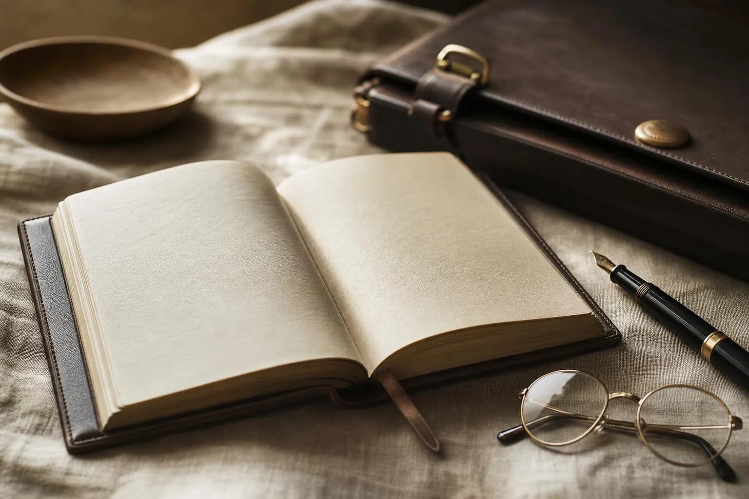 Fine leather journal, fountain pen, and reading glasses on linen—symbols of thoughtful wealth planning and generational stewardship.