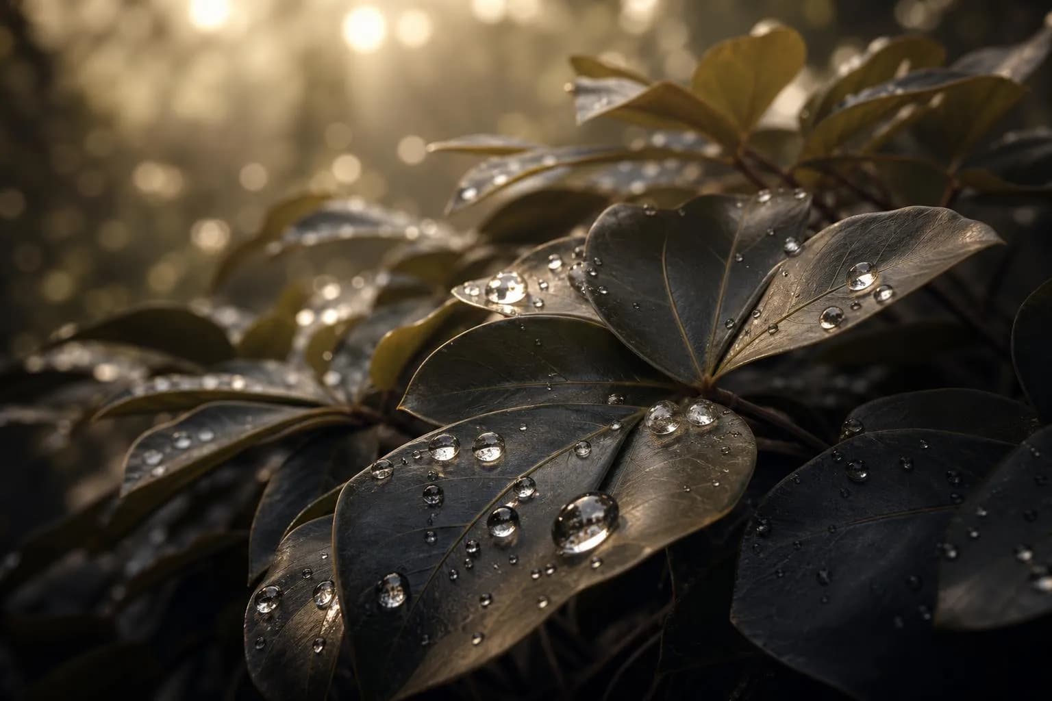 Morning dew on layered tree leaves, backlit by soft sunlight, evoking compound growth and legacy.