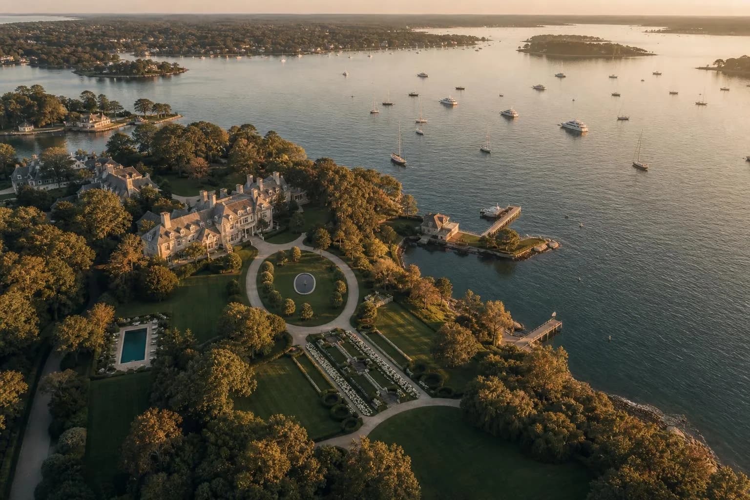 Aerial view of a coastal estate with manicured grounds, private harbor, and moored yachts at golden hour.