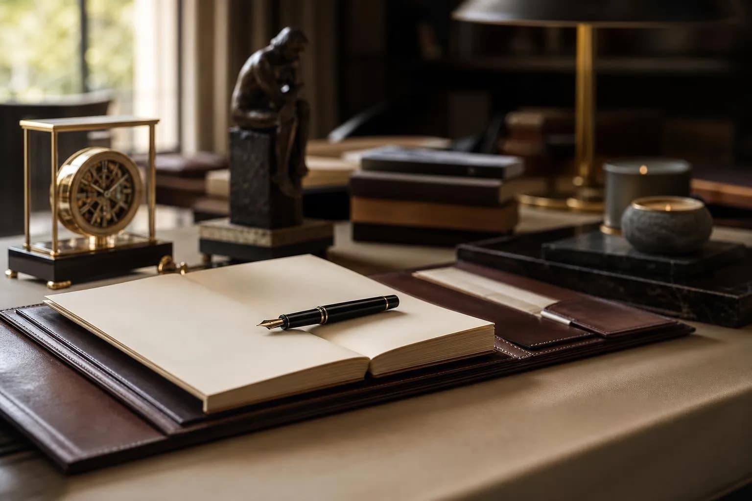 Refined desk objects—leather portfolio, mechanical timepiece, fountain pen—in soft natural light, evoking deliberate wealth stewardship.