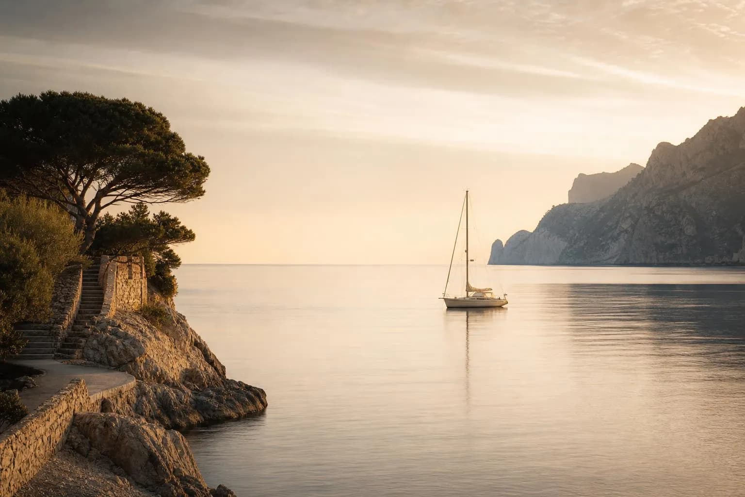 Serene coastal dawn with a single anchored sailboat on glassy, still water beneath soft sky.