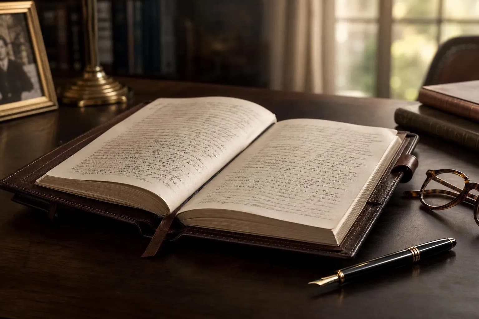 Open leather journal and fountain pen on dark wood, warm light suggesting generational continuity
