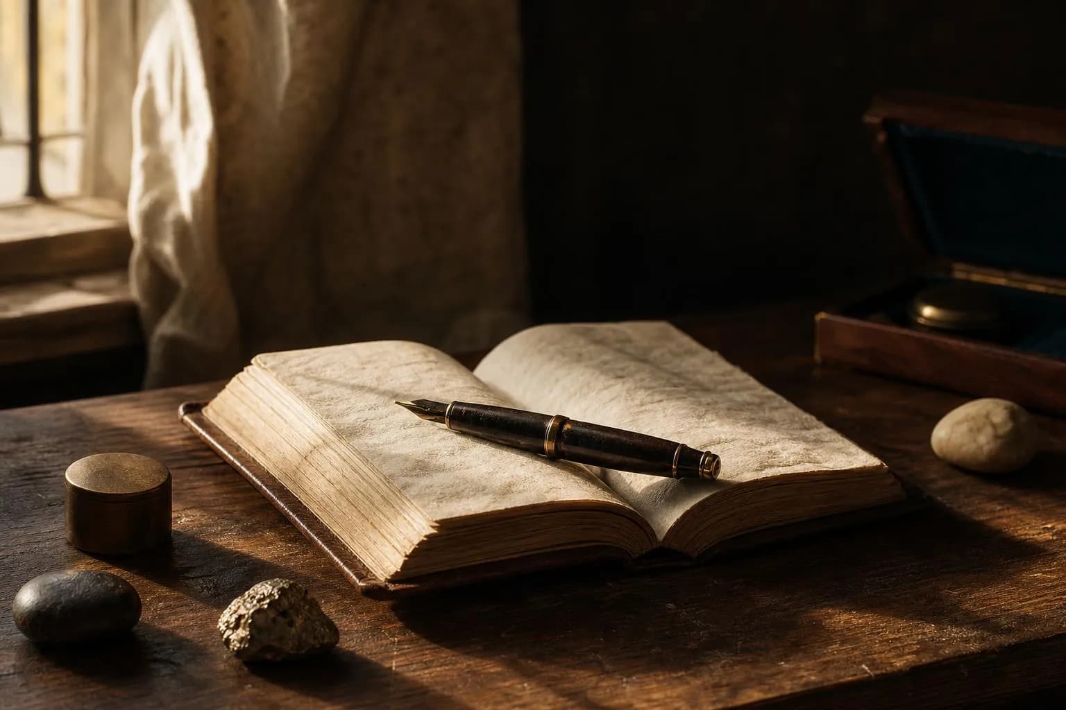 A sparse still life of journal, pen, and weighted objects on a wooden surface, lit by soft window light.
