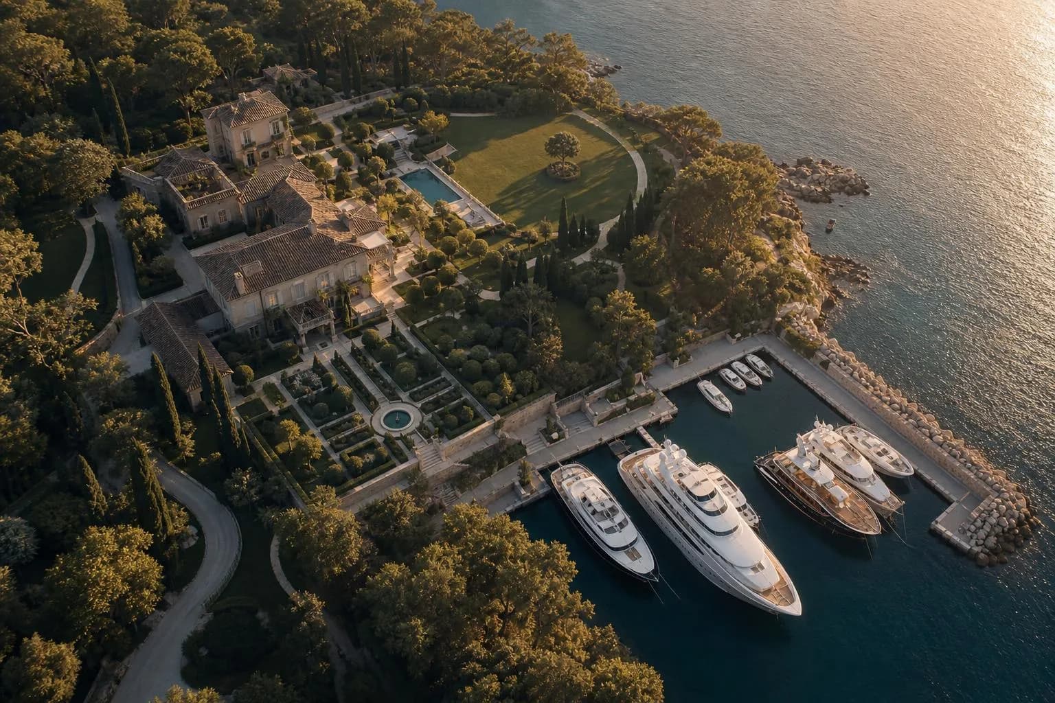 Aerial view of exclusive waterfront estate with yachts and manicured gardens at sunset.