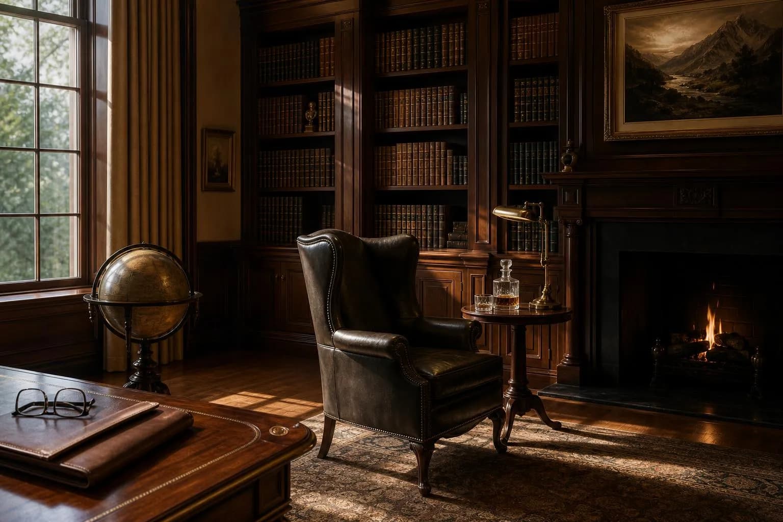 Quiet private library with leather chairs and mahogany shelving in warm afternoon light