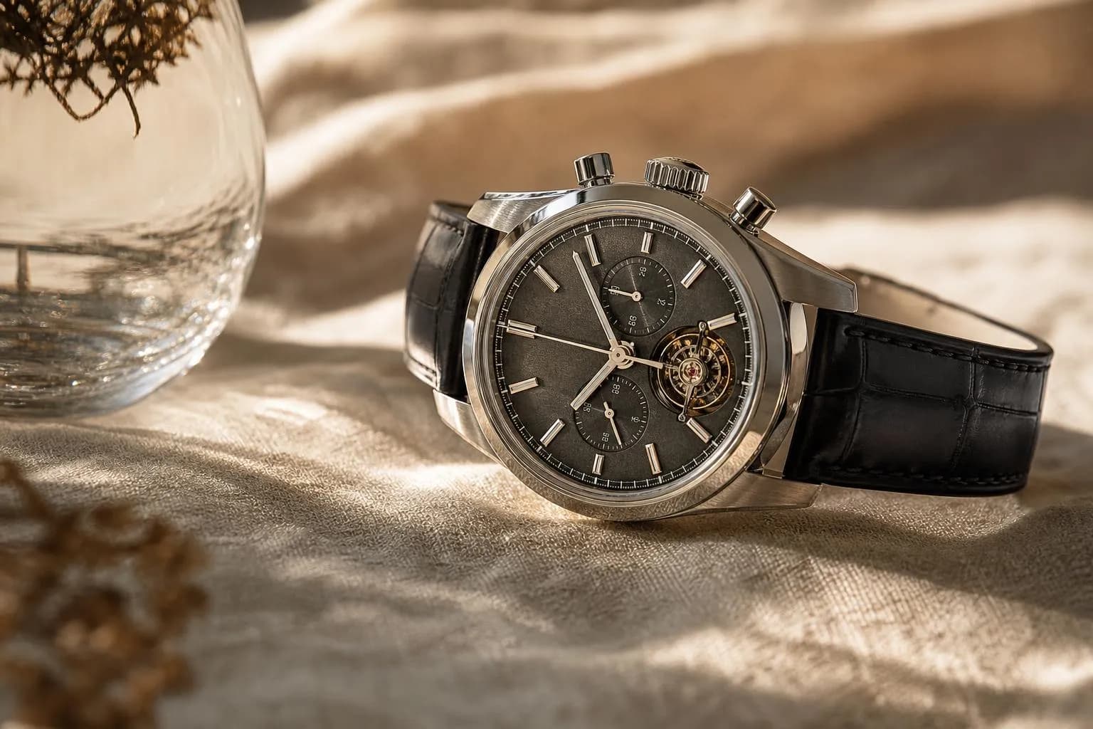 Close-up of a luxury watch on linen, sunlit and composed