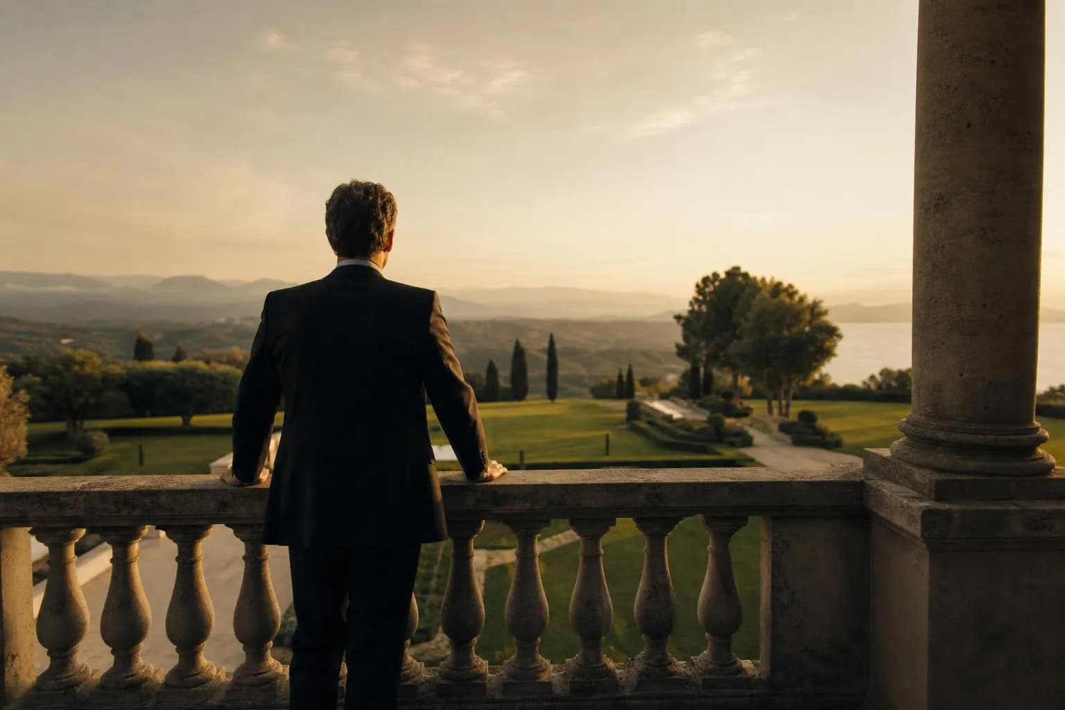 Silhouetted figure resting hands on stone railing, gazing over expansive grounds in golden afternoon light