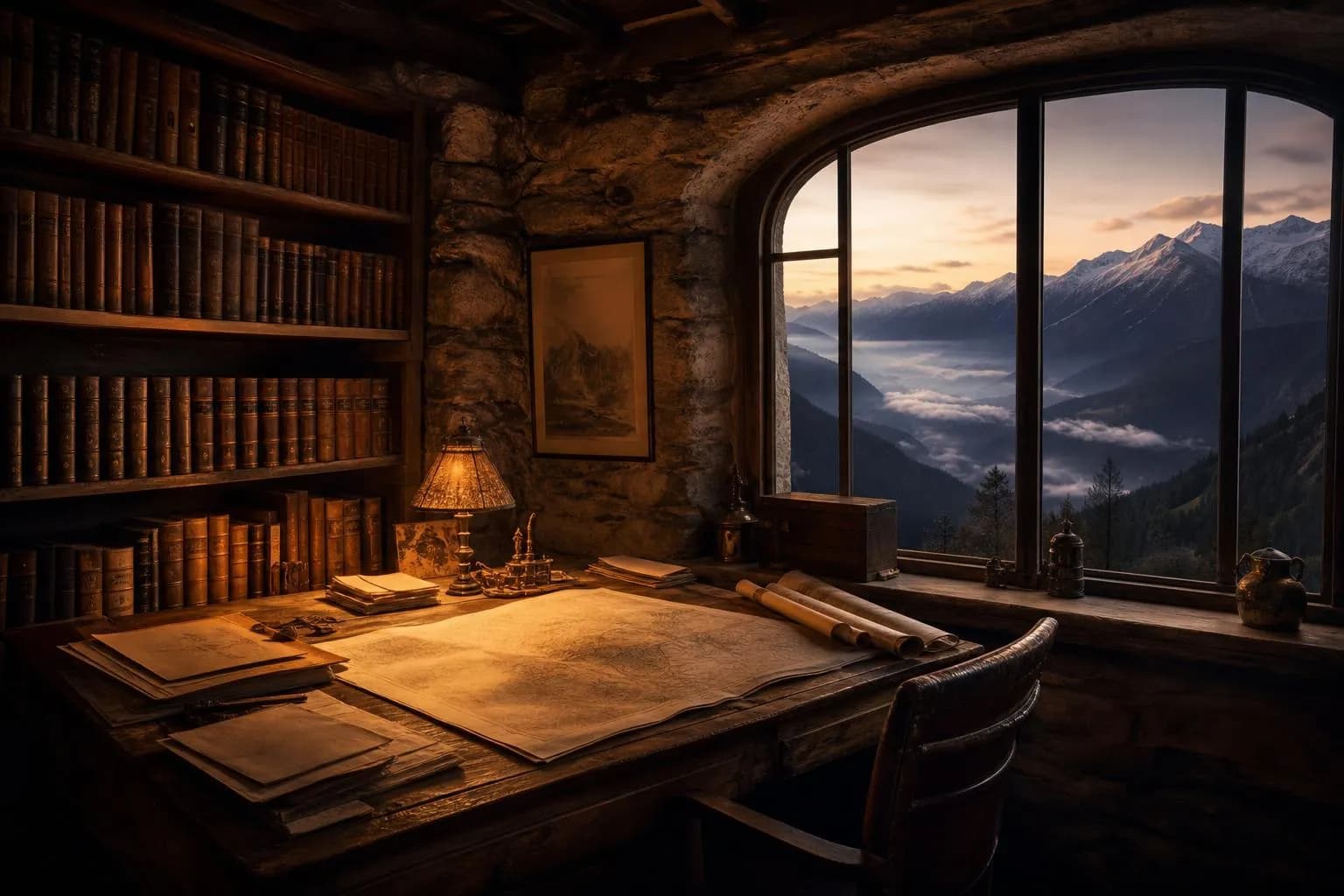 Candlelit alpine library with historical books and valley view at dusk.